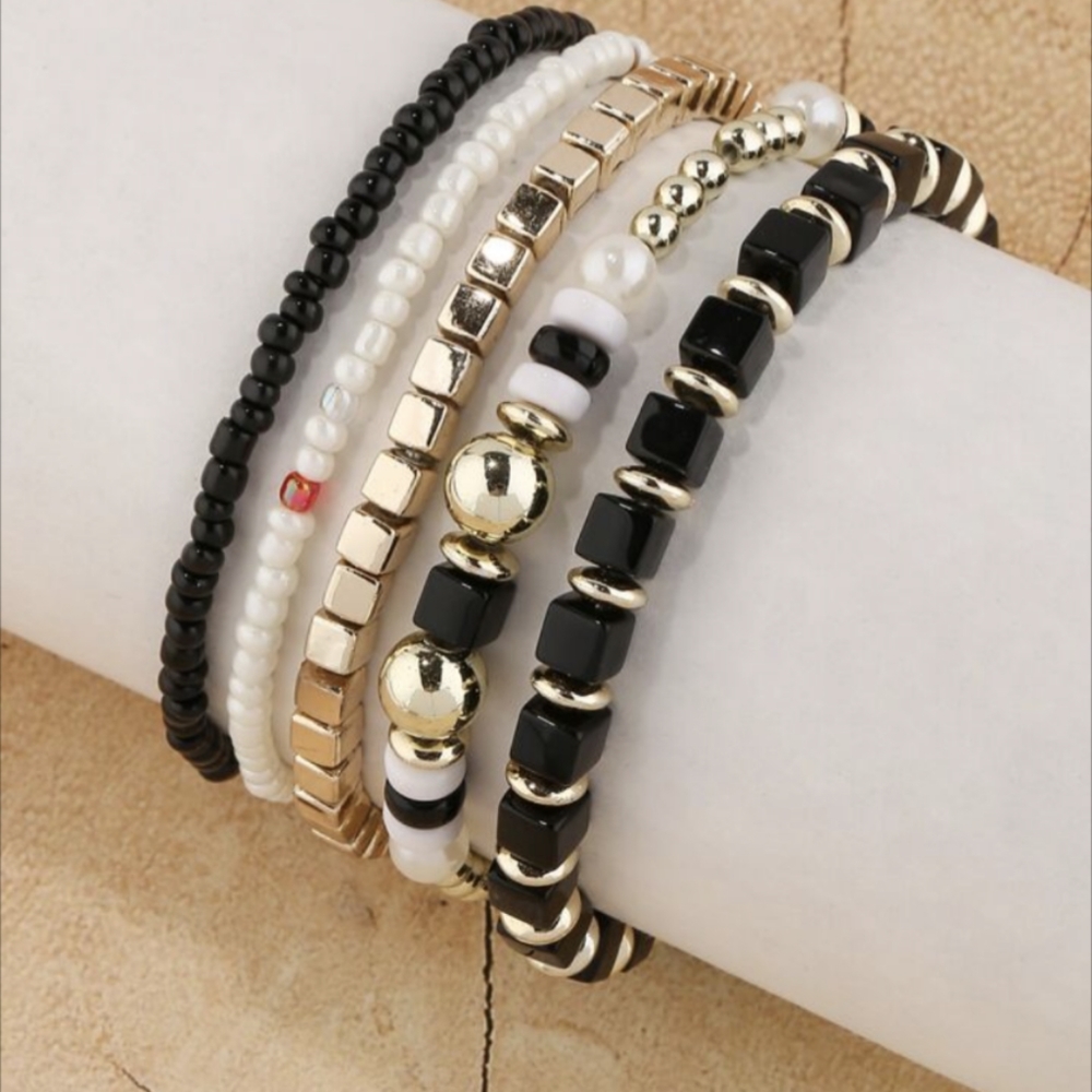 5 Individual Minimalist Beaded Bracelets  Black, white and gold - Picture 3 of 4